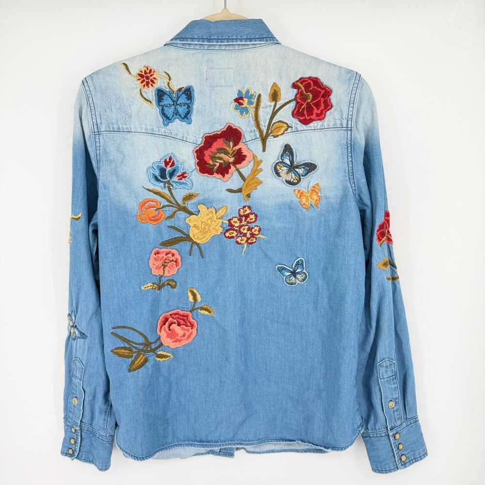 Driftwood Olivia Embroidered Denim Western Shirt LRG Floral Butterfly Pearl Snap - Picture 2 of 12